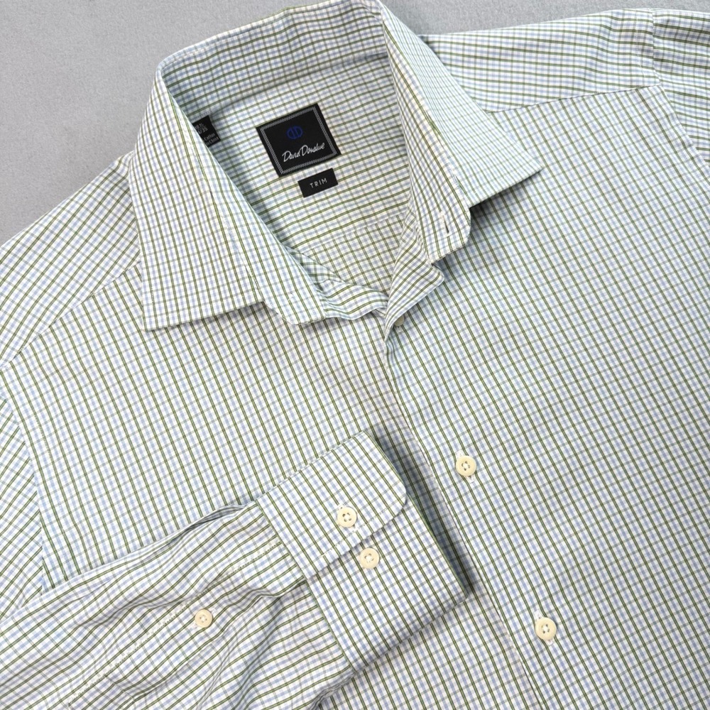 David Donahue Green Blue Dress Shirt Mens 16.5 34/35 Trim Fit Check